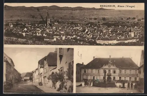 AK Bergheim /Alsace, Vue générale du village, rue principale et bâtiment historique