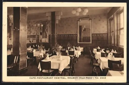 AK Colmar /Haut-Rhin, Intérieur du Café-Restaurant Central avec tables dressées