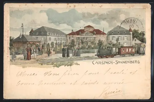Lithographie Carspach-Sonnenberg, Vue de la gare avec tramway et bâtiments environnants