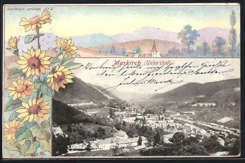 AK Markirch, Vue panoramique du village avec collines en arrière-plan et illustration florale