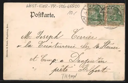 AK Thann, Partie an der kath. Kirche und Hauptstrasse