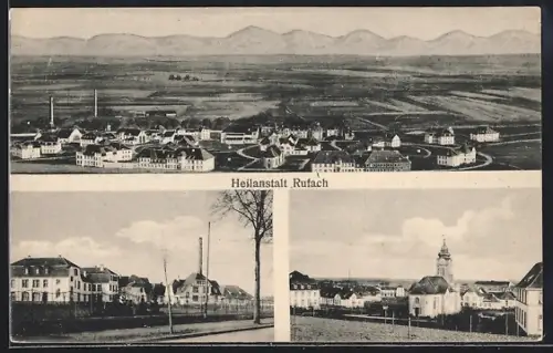 AK Rufach, Ortsansicht mit Bergpanorama