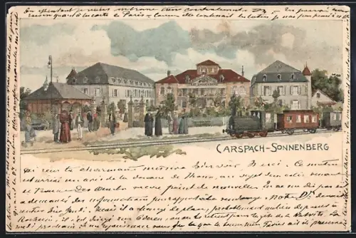 Lithographie Carspach-Sonnenberg, Vue de la place avec tramway et bâtiments historiques