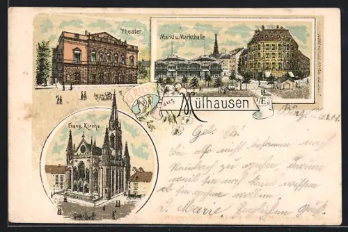 Lithographie Mülhausen i. E., Markt und Markthalle, Theater, Evang. Kirche