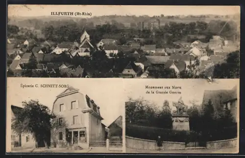 AK Illfurth /Ht-Rhin, Vue du village, Épicerie C. Schmitt-Sorg et Monument aux Morts de la Grande Guerre