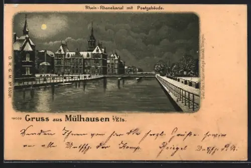 Mondschein-Lithographie Mülhausen i. Els., Rheinkanal mit Postgebäude