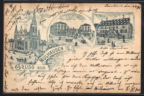 Lithographie Mülhausen i. E., Neuer Quartierplatz, Rathaus
