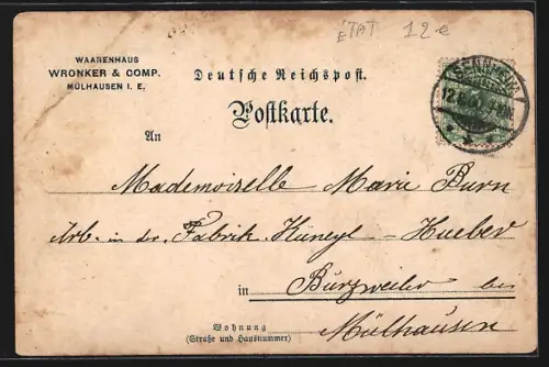 Lithographie Mülhausen i. E., Neuer Quartierplatz, Rathaus