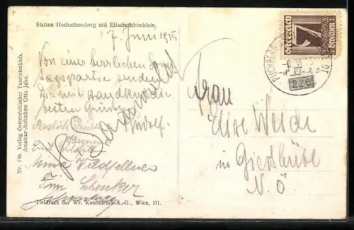 AK Bergbahn an der Station Hochschneeberg mit Elisabethkirche