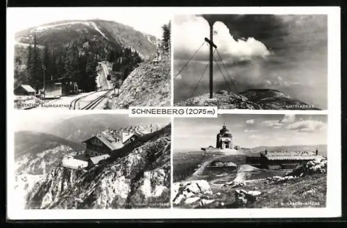 AK Schneeberg, Station Baumgartner, Gipfelkreuz, Hotel Hochschneeberg