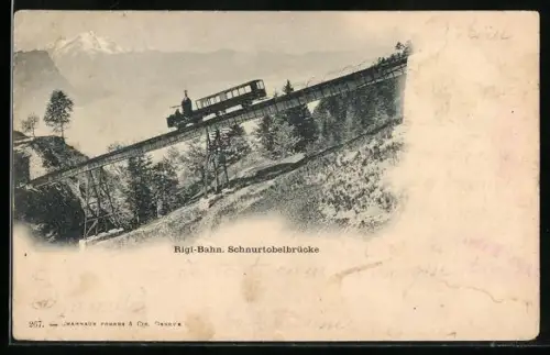 AK Rigi-Bahn, Schnurtobelbrücke mit einem Wagen der Bergbahn