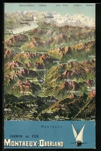 Künstler-AK Chemin de Fer Montreux-Oberland, Bergpanorama mit der Strecke der Bergbahn