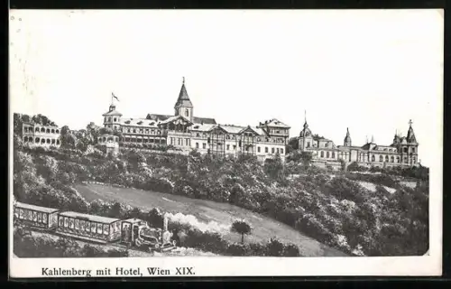 AK Wien, Kahlenberg, Ortspanorama mit Bergbahn und Hotel
