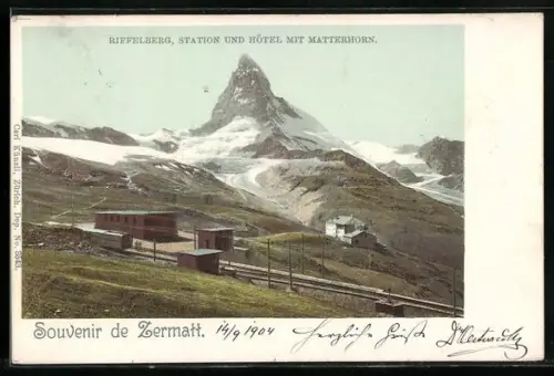 AK Riffelberg /Zermatt, Bergbahn mit Station und Hotel mit Matterhorn