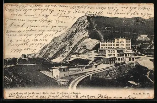 AK Rochers de Naye, La Gare et le Grand Hotel, Bergbahn