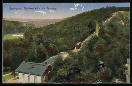 AK Wiesbaden, Nerobergbahn mit Neroberg aus der Vogelschau