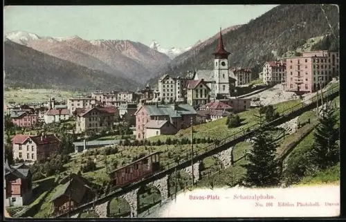 AK Davos-Platz, Schatzalpbahn und Ort aus der Vogelschau