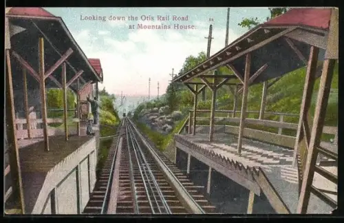 AK Catskill Mts., N. Y., Looking down the Otis Rail Road at Mountains House, Bergbahn