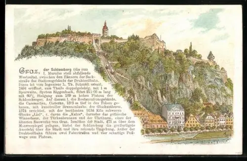 Lithographie Graz, Schlossberg mit Drahtseilbahn und Station, Ansicht von der Mur