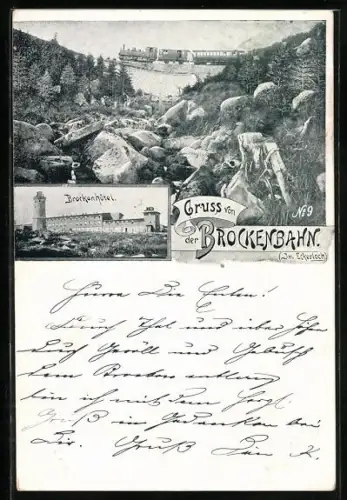 AK Brocken, Brockenbahn auf dem Viadukt, Brocken-Hotel