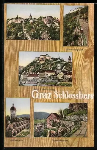 AK Graz-Schlossberg, Glockenturm, Starkehäuschen, Schlossbergbahn, Mur und Schlossberg