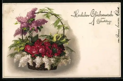 Künstler-AK Meissner & Buch (M&B) Weisser und lilafarbener Flieder mit Rosen im Korb