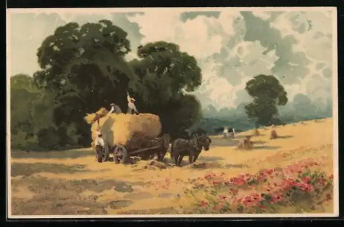 Künstler-AK Meissner & Buch (M&B) Nr.1522: Der Ernte Last und Freude, Pferdekarren