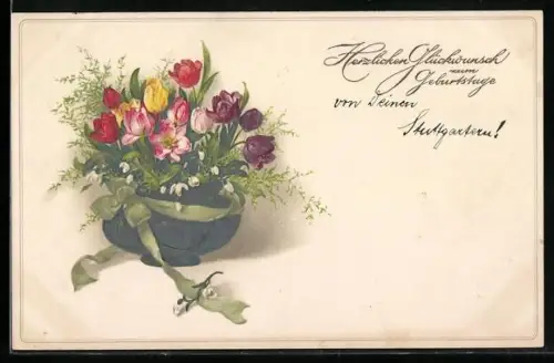 Künstler-AK Meissner & Buch (M&B): Bunte Tulpen und Schneeglöckchen, Geburtstagsgruss