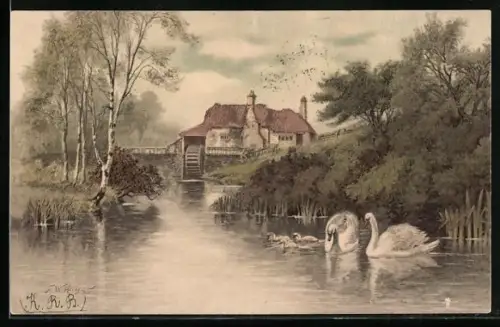 Künstler-AK Meissner & Buch (M&B) Nr.1189: Alte Wassermühle mit Schwänen im Fluss