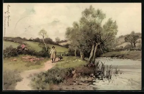 Künstler-AK Meissner & Buch (M&B) Serie 1230: Schäfer mit Hund am Fluss