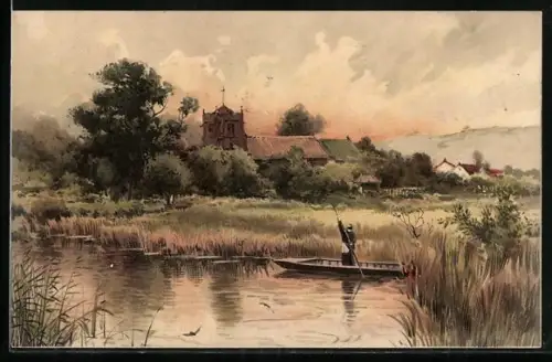 Künstler-Lithographie Meissner & Buch (M&B) Nr. 1265: Auf lichten Pfaden, Bootspartie