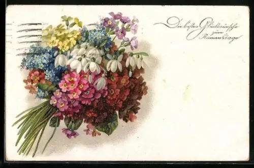 Künstler-AK Meissner & Buch (M&B) Nr. 2427: Bunter Strauss mit Schneeglöckchen, Namenstagsgruss