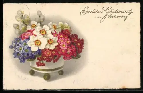 Künstler-AK Meissner & Buch (M&B) Nr. 2574: Bunte Blumen in einem Topf, Geburtstagsgruss