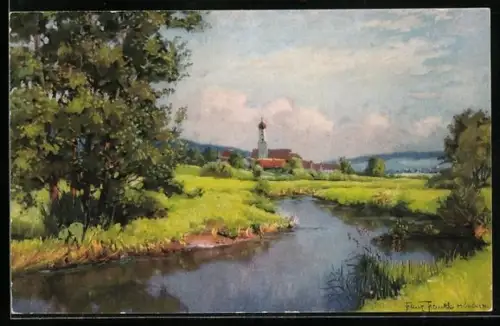 Künstler-AK Meissner & Buch (M&B) Partie am Wasser mit Blick zum Kirchenturm