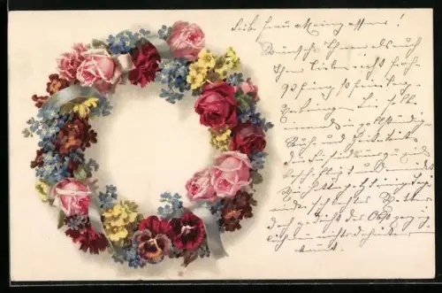 Künstler-AK Meissner & Buch (M&B) Nr.: 2293: Rosen und Stiefmütterchen in einem Kranz