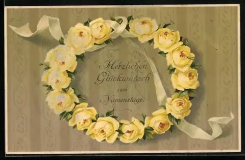 Künstler-AK Meissner & Buch (M&B) Nr. 1446: Kranz mit gelben Rosen, Namenstagsgruss