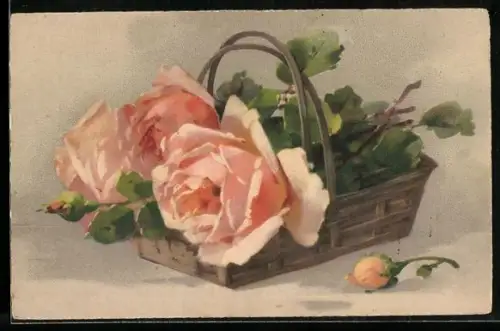 Künstler-AK Catharina Klein: Korb mit orangen Rosen