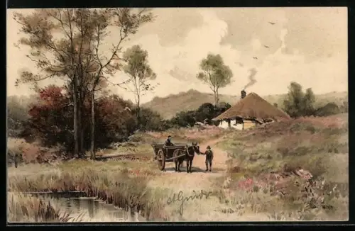 Künstler-AK Meissner & Buch (M&B) Serie 1265: Menschen mit Pferdekarren, Hütte im Hintergrund