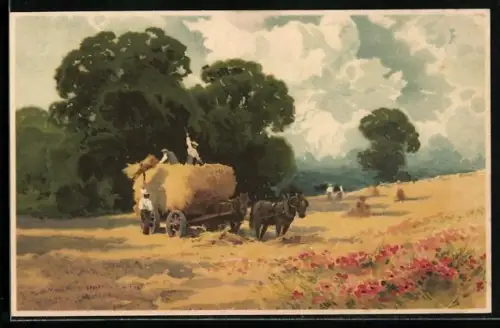 Künstler-AK Meissner & Buch (M&B) Nr.1522: Der Ernte Last und Freude, Pferdekarren