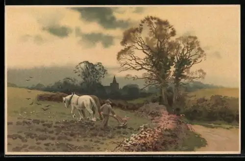 Künstler-AK Meissner & Buch (M&B) Nr. 1522: Bauer beim Pflügen auf dem Acker