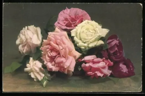 Künstler-AK Meissner & Buch (M&B) Nr. 2344: Rosa und rote Rosen in einer Schale