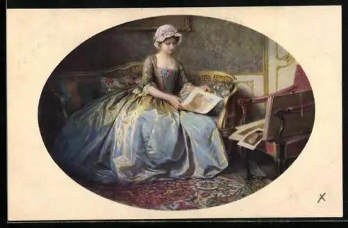 Künstler-AK Meissner & Buch (M&B) Serie 2528: Junge Dame beim Betrachten von Bildnissen