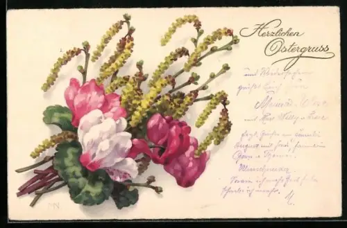 Künstler-AK Meissner & Buch (M&B) Nr. 2947: Alpenveilchen und Birkenkätzchen, Ostergruss