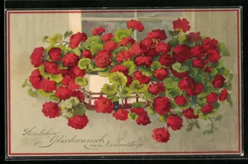 Künstler-AK Meissner & Buch (M&B) Nr. 2054: Geranien vor einem Fenster, Namenstagsgruss, dt. Nationalfaben