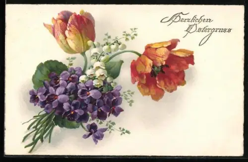 Künstler-AK Meissner & Buch (M&B) Nr. 3041: Tulpen mit Maiglöckchen, Ostergruss