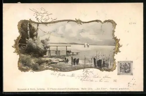 Künstler-AK Meissner & Buch (M&B) Nr. 1114: Seepartie mit Bootssteg im Schmuckrahmen