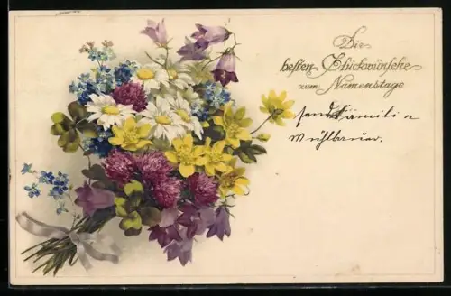 Künstler-AK Meissner & Buch (M&B) Nr. 2292: Bunter Blumenstrauss mit Vergissmeinnicht, Namenstagsgruss