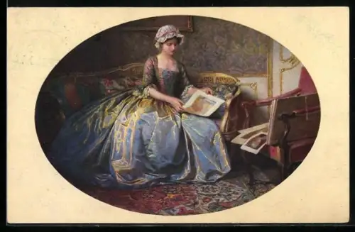 Künstler-AK Meissner & Buch (M&B) Serie 2528: Junge Dame beim Betrachten von Bildnissen