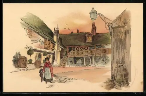 Künstler-AK Meissner & Buch (M&B) Nr.1864: Mutter und Sohn gehen einsam durch verlassene Gassen eines Ortes