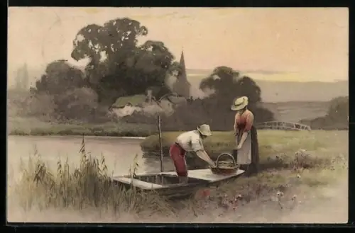 Künstler-AK Meissner & Buch (M&B) Serie 1355: Frau bringt Mann Essen im Korb zur Arbeit